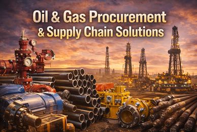 Oil and gas equipment with sunset and text about procurement and supply chain solutions.