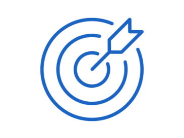 Blue target with arrow hitting the bullseye on a white background.