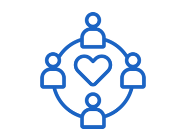 Blue network icon with four connected user profiles around a central hub.