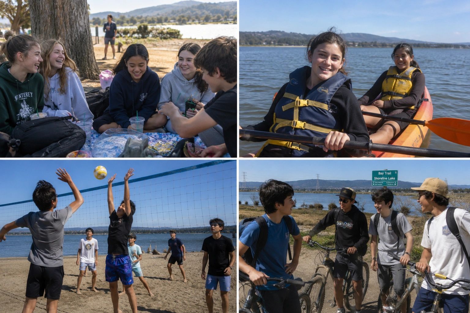 Friends enjoying outdoor activities at a lakeside park.