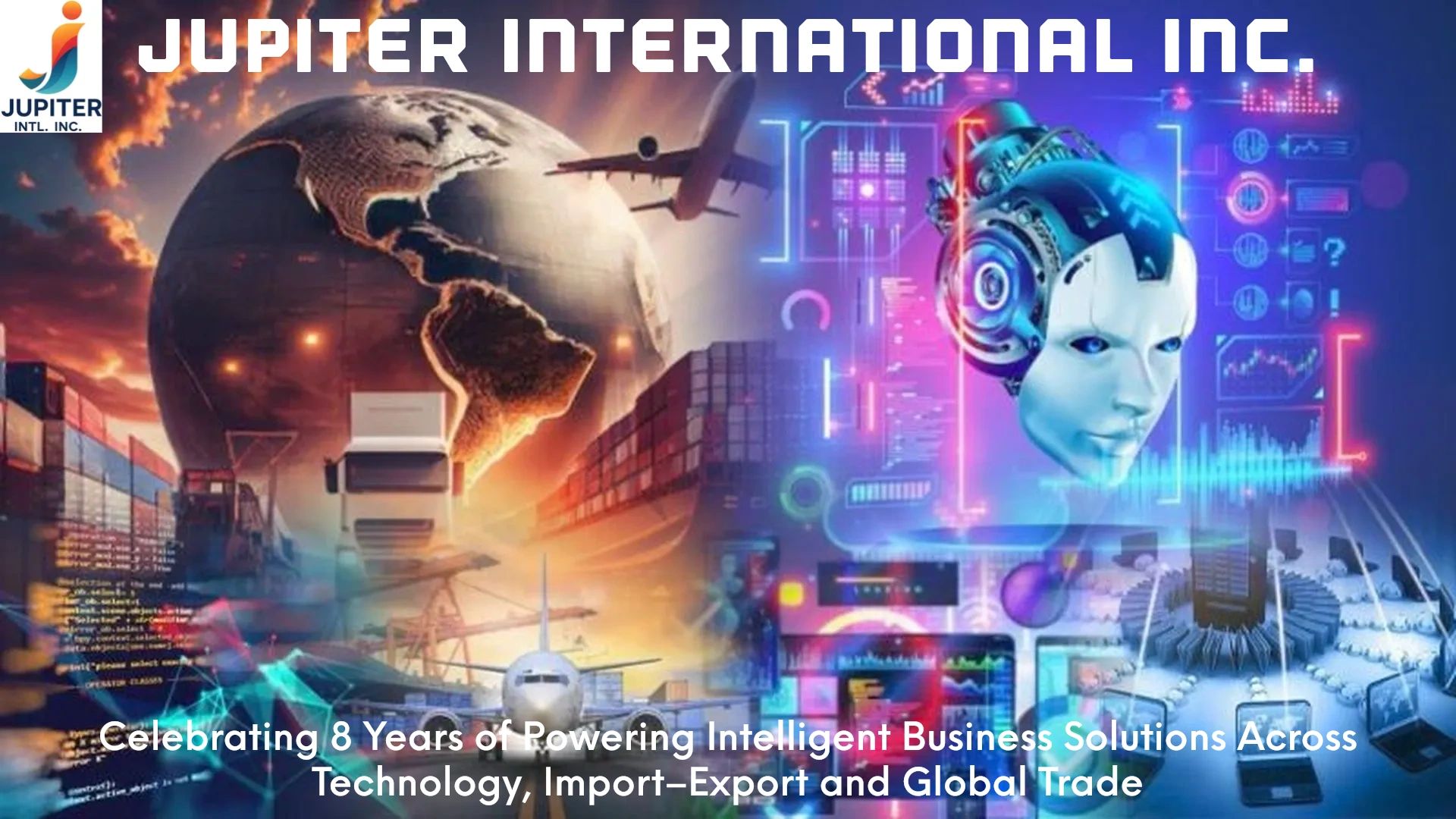 A futuristic digital collage of global logistics, AI, and technology integration.