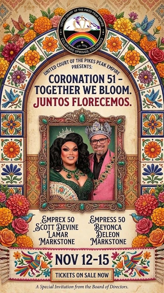 Colorful coronation event poster for United Court of the Pikes Peak Empire.