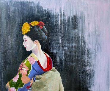 Elegant geisha in traditional attire against a textured dark background.