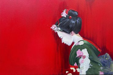 Painting of a geisha in traditional attire against a red background.