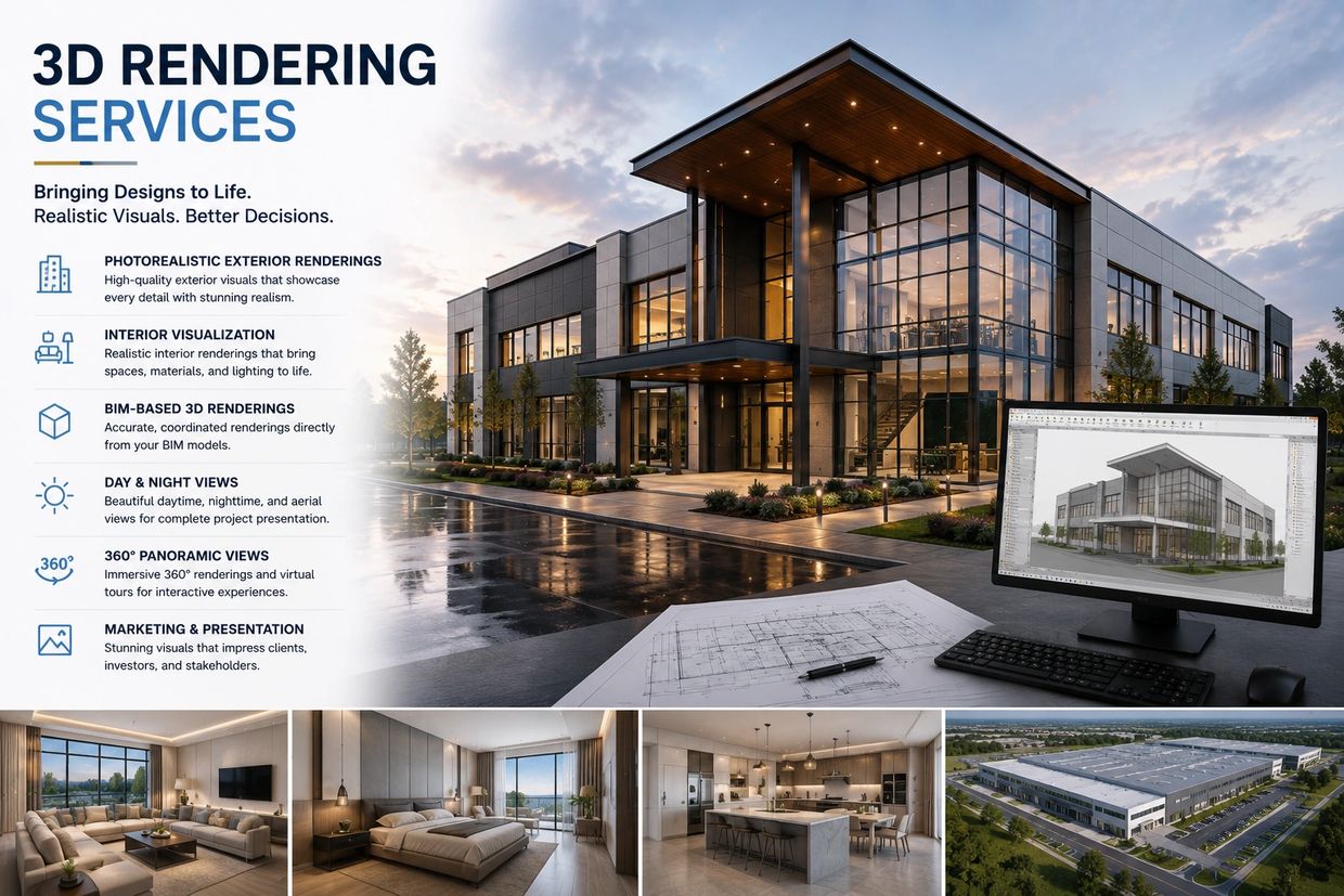 3D rendering services showcasing realistic building and interior designs.