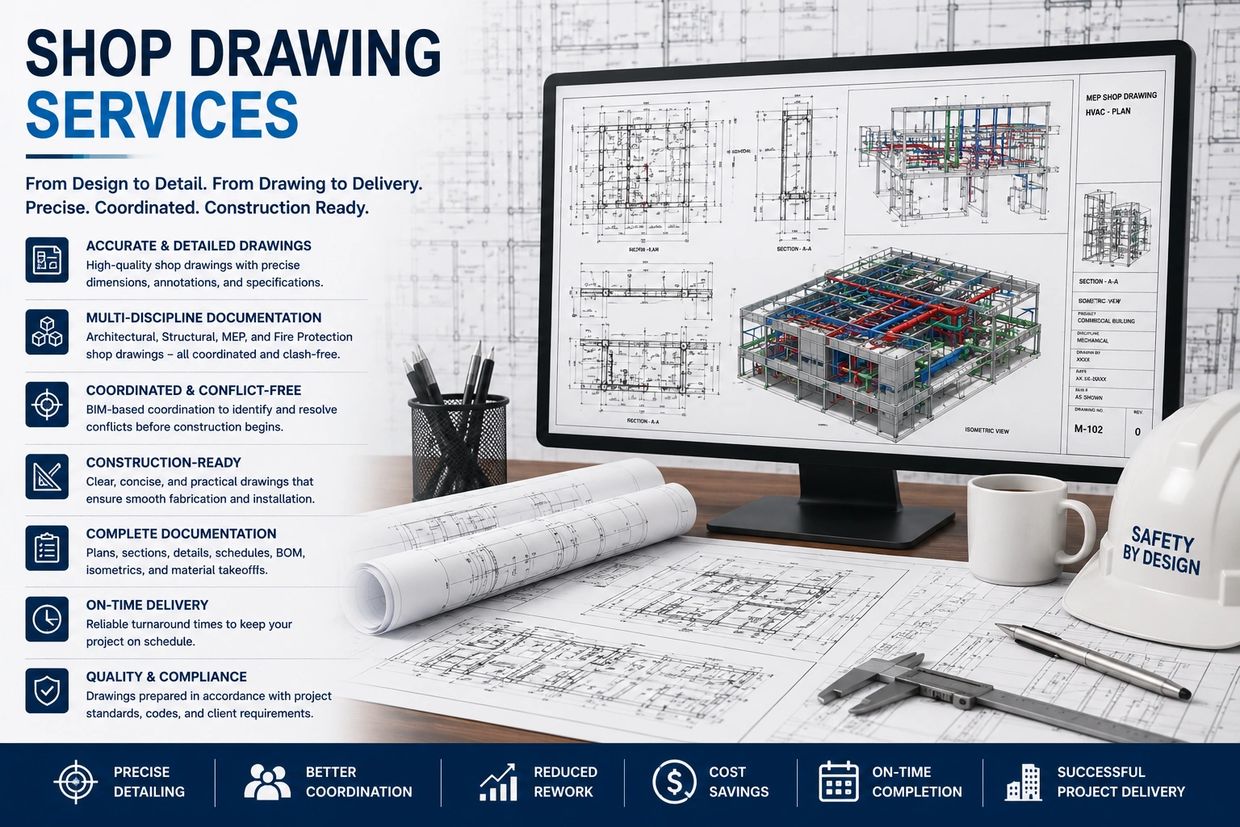 Blueprints and computer screen with detailed shop drawing services for construction projects.