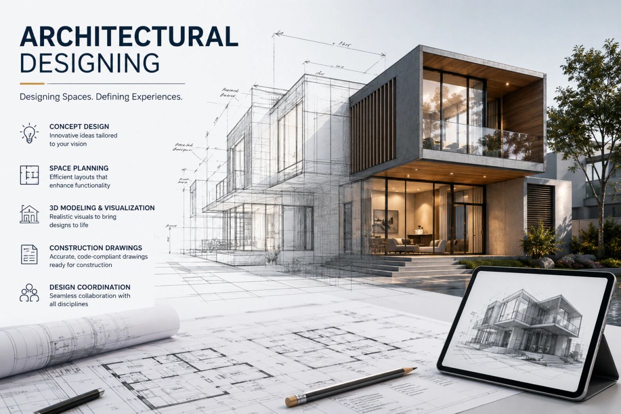 Modern architectural design blending sketches and 3D visualization.