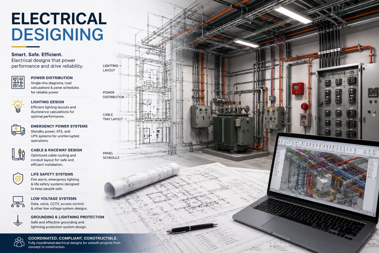Electrical designing with detailed plans, laptop rendering, and power system components.
