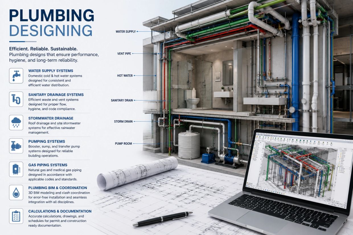 Illustration of plumbing design with 3D modeling and detailed systems.