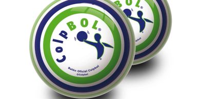 Two official Colpbol balls with blue, green, and white colors.