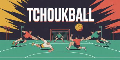 Illustration of a fast-paced Tchoukball game with players diving and a ball in motion.