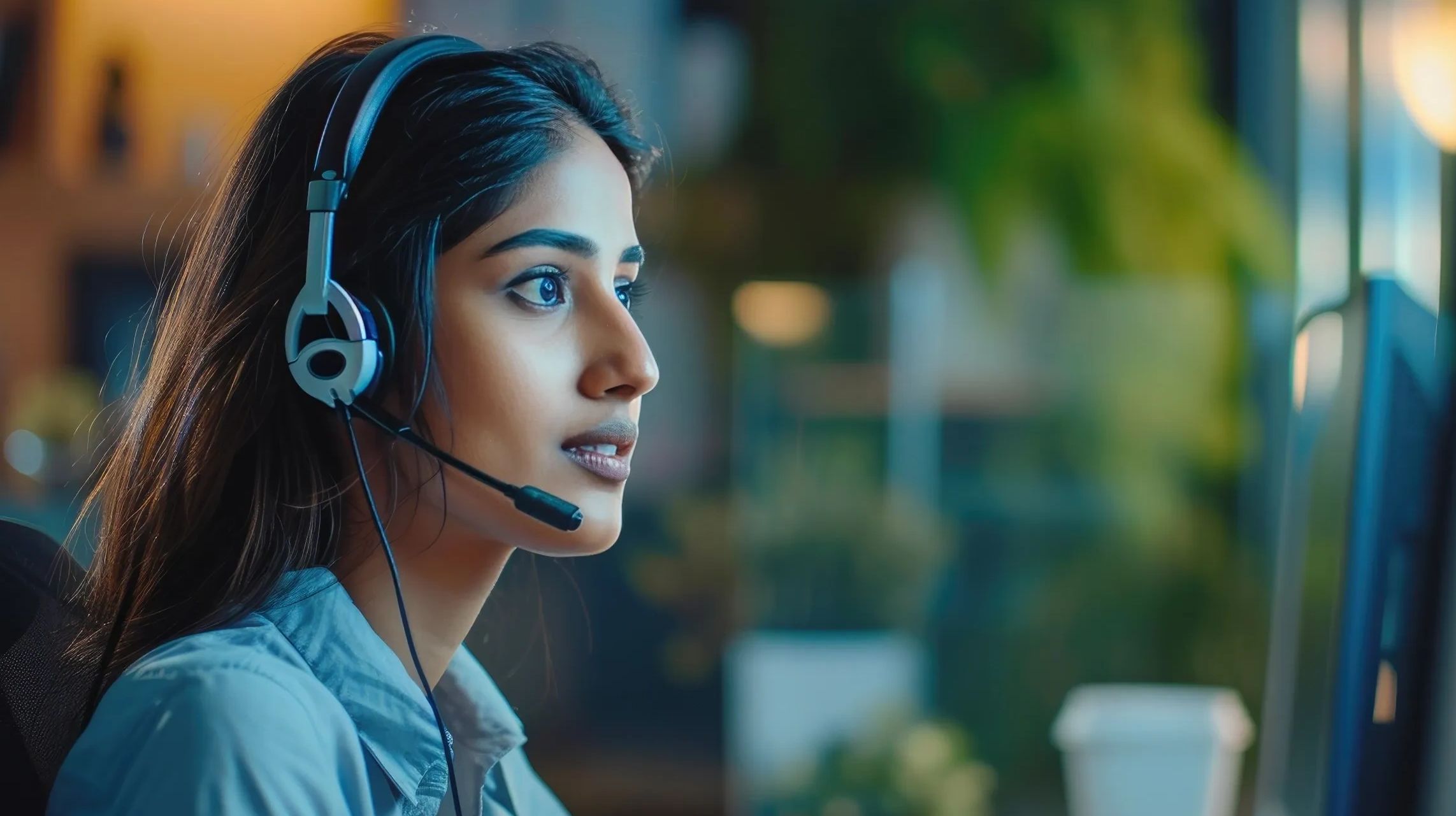 Focused woman wearing headset working on a computer in an office.