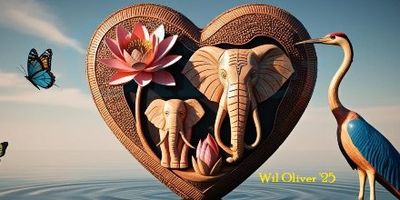 A bird, adult and baby elephants, electric butterflies, and lotus flower adorn a Sankofa heart.
