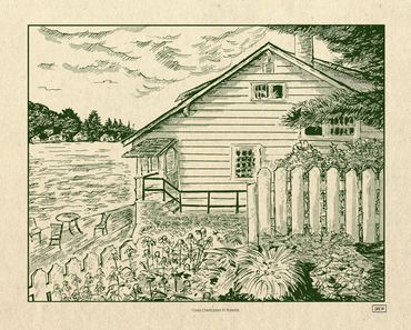 Cuba Lake Cottage Portrait, pen & ink with digital color