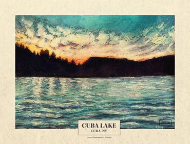 Cuba Lake sunset poster, Opaque watercolor with pen