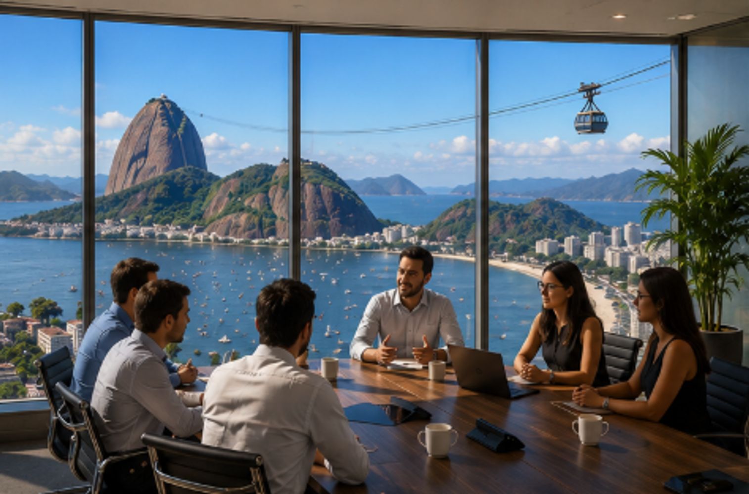 mesa de runião com 6 pessoas jovens em andar alto na praia de Botafogo, de frente pro bondinho.

