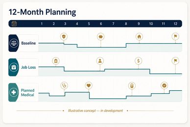 Illustrative 12-month timeline comparing baseline, job loss, and planned medical scenarios.