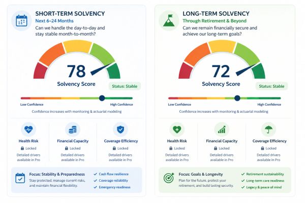 Comparison of short-term and long-term solvency scores with focus areas and stability status.