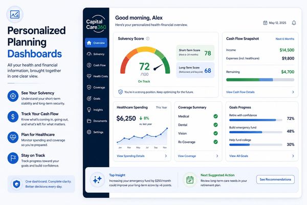 Personalized financial-health dashboard showing solvency, cash flow, healthcare, coverage, and goals progress.