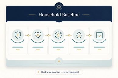 Illustrative household baseline connecting coverage, costs, cash flow, liquidity, and commitments.
