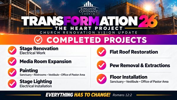 Summary of completed church renovation projects at Kingdom Covenant Church.