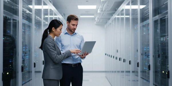 Two IT professionals working in a server room.