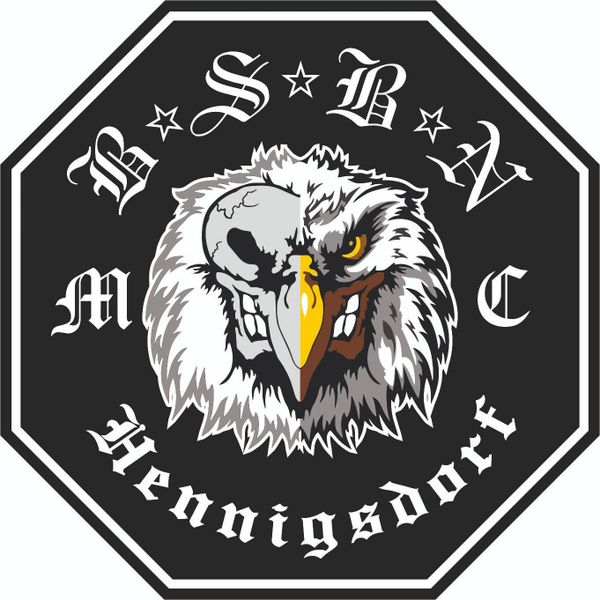 Logo of a fierce eagle with skull and normal face split, surrounded by gothic text.