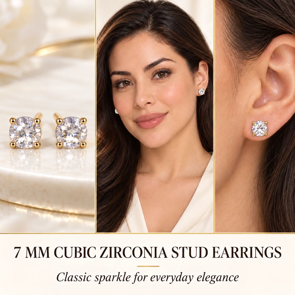 7mm Cubic Zirconia Stud Earrings Surgical Steel Pierced Ears Adult