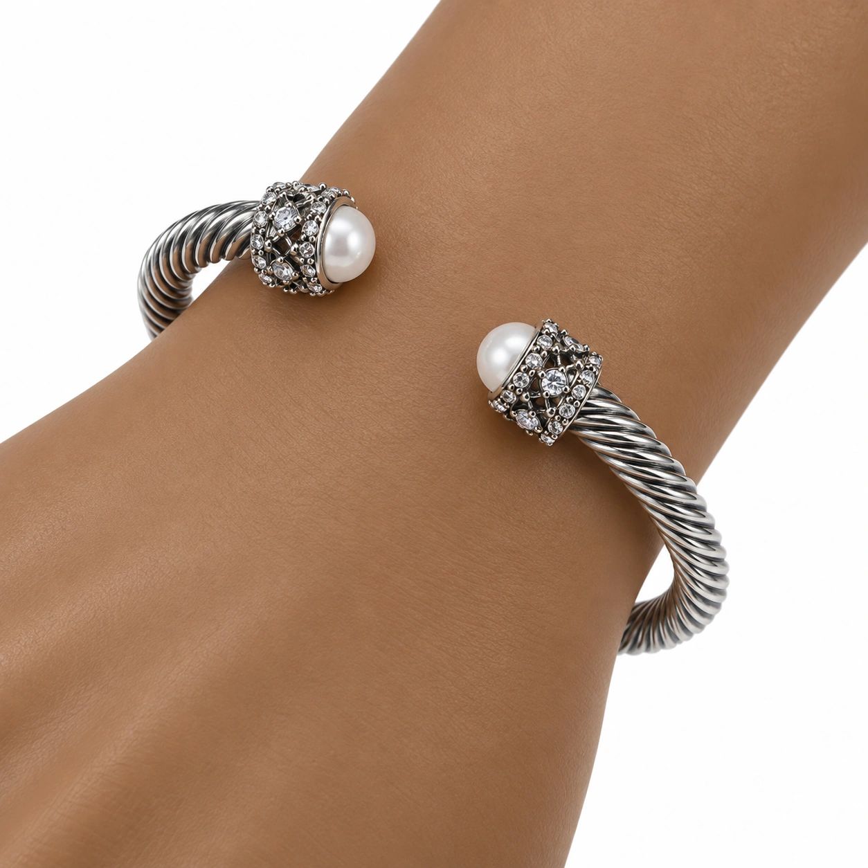 Silver-Tone Twisted Cable Open Cuff Bangle Bracelet Pearl Beads & CZ