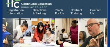 Highline College Continuing Education webpage with registration and training info.