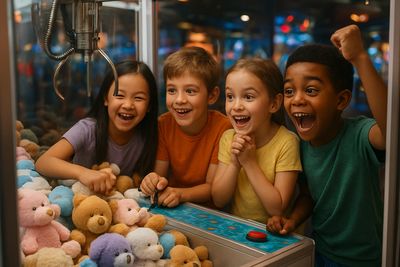 Four excited children playing a claw machine game filled with stuffed teddy bears.