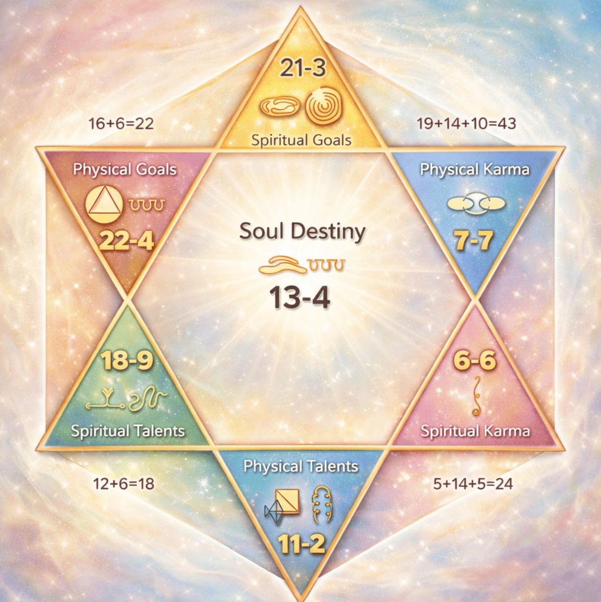 Diagram of soul destiny with spiritual and physical goals, talents, and karma.