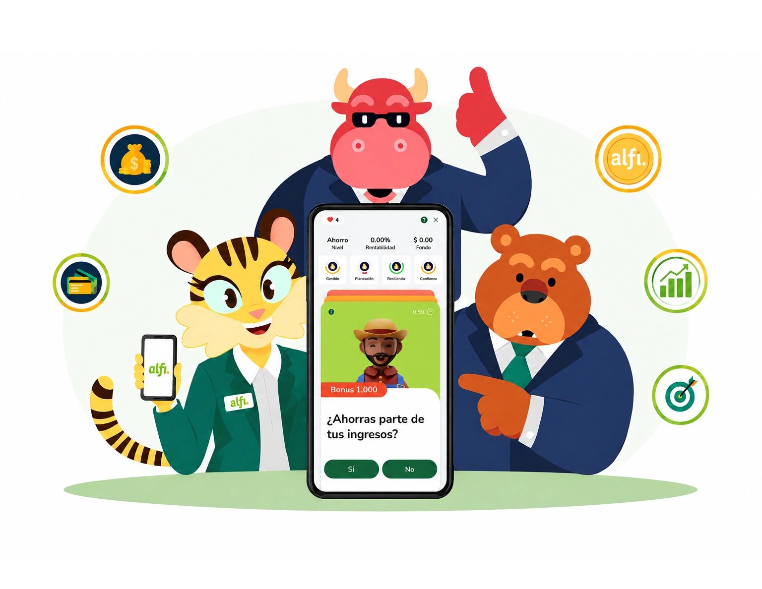 Animales caricaturescos promocionan una app de ahorro llamada alfi.
