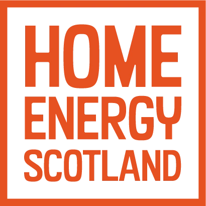 Logo with bold orange text reading 'Home Energy Scotland' inside an orange square frame.