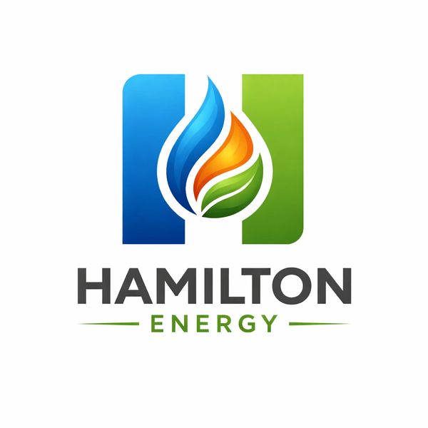 Colorful Hamilton Energy logo with blue flame, orange flame, and green leaf inside a blue and green block.