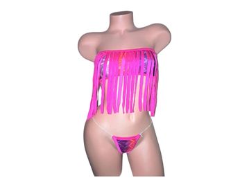 Women's Dancewear Front Kiyoti Half Tube Fringe Stripper Shirt Two Piece Invisible String Thong