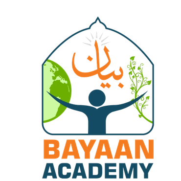 Logo of Bayaan Academy with a person, globe, and plant inside a house shape.