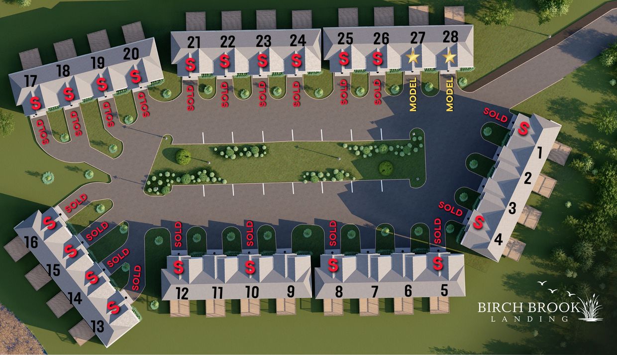 A site map of Birch Brook Landing townhomes showing sold and model units.