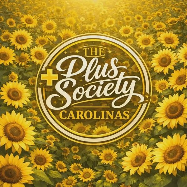 Logo of The Plus Society Carolinas on a sunflower background.