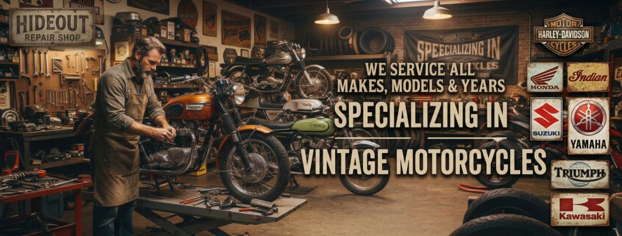 Mechanic working on vintage motorcycle in a repair shop.