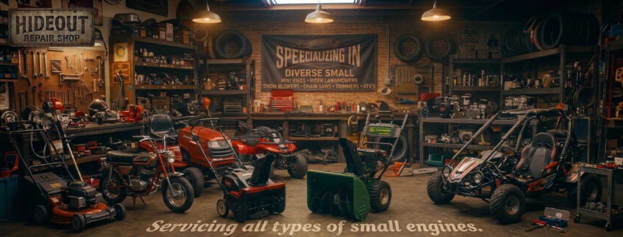 Small engine repair shop with various equipment and tools.