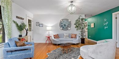 Living room decorated with jungle themed decor