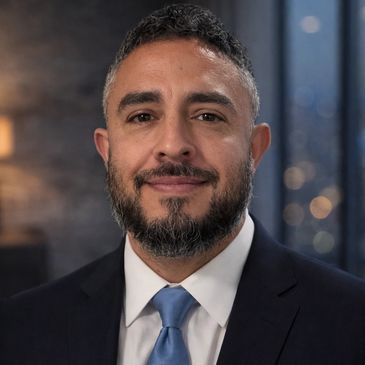 Professional man in a suit with a blue tie smiling confidently.