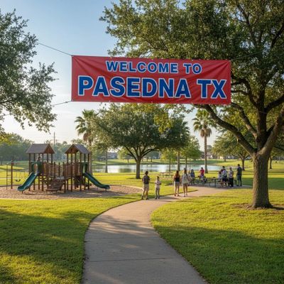Welcome banner at a sunny Pasadena, TX park with playground and walking path.