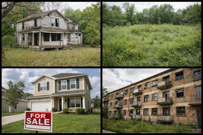 Four images showing different real estate conditions and a house for sale sign.
