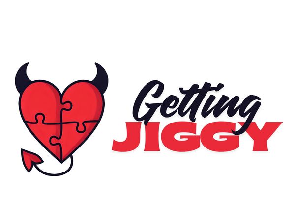 Red heart puzzle with devil horns and tail beside the text 'Getting Jiggy'.