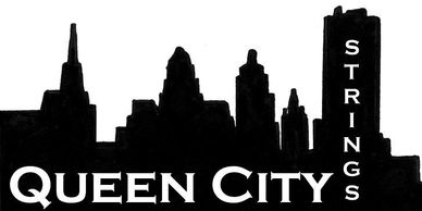 Silhouette of a city skyline with 'Queen City Strings' text.
