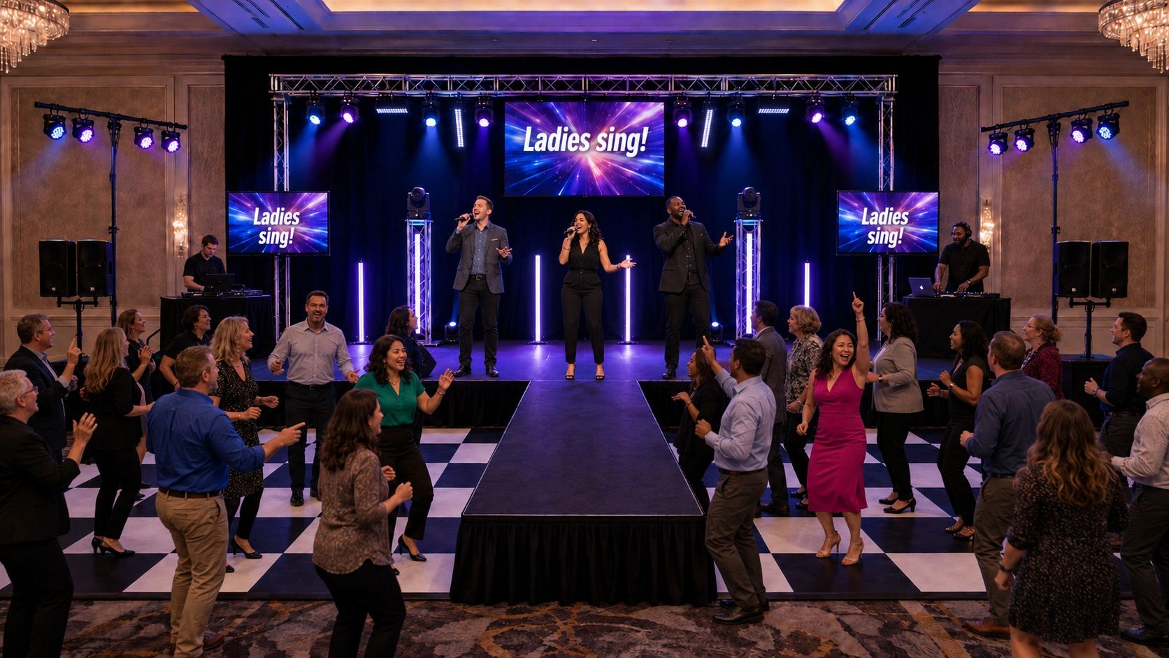 Audience enjoying a live performance with 'Ladies sing!' signs.