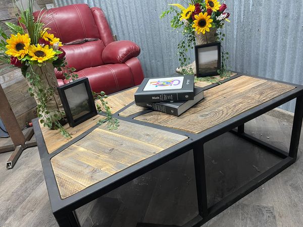Recycled square tubing and recycled barn wood coffee table and end table set. 