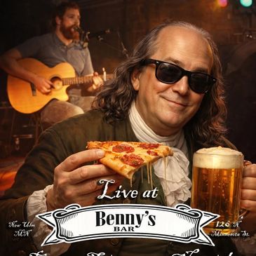 Man in vintage clothes enjoys pizza and beer with live music at Benny's Bar.